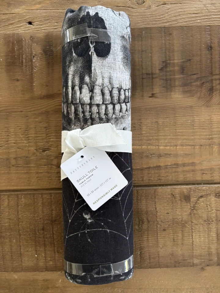 Pottery Barn Halloween Skull Toile Organic Cotton Table Throw, Black, 50''x50'' - Image 2 of 4