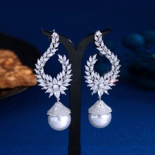 Silver Plated Cubic Zircon Symmetrical Leaf Pearl Dangle Drop Earrings for Women