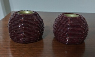 Set Of 2 Ruby Red Beaded  Candlestick Holders  Romantic 