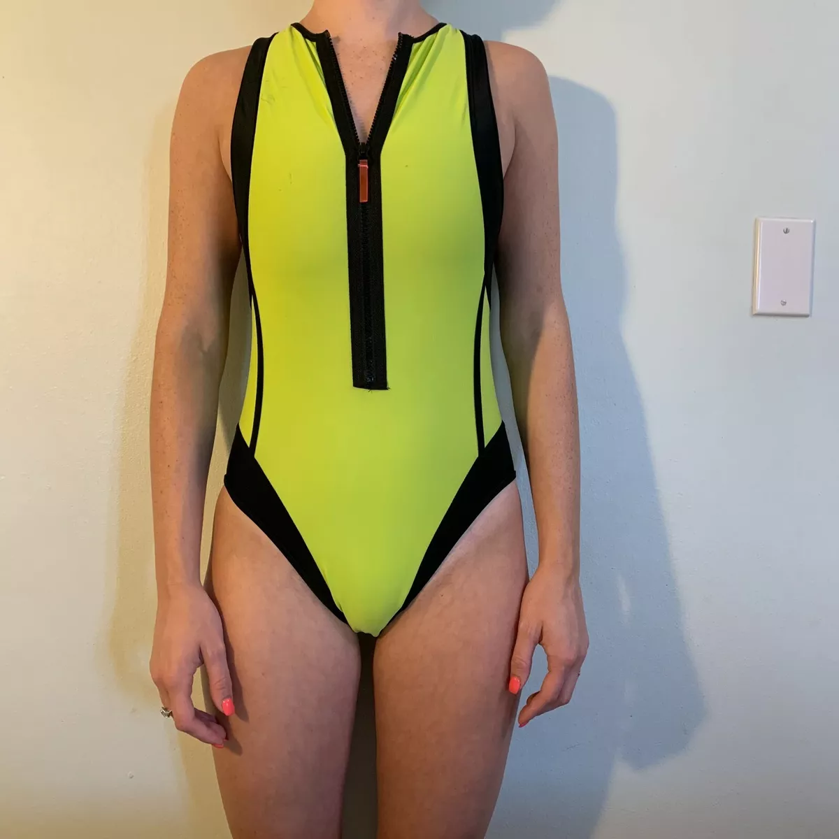 TYR DOUBLE LINED womens female swimsuit swimskin bodysuit zipper vintage  small M