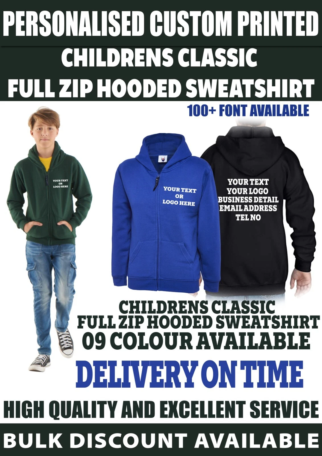 Personalised Custom printed logo text kids Childrens Full Zip up Hoodie unisex