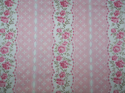 9 X 21 inches Pink & Cream Floral Striped shabby chic Cotton Calico Fabric scrap