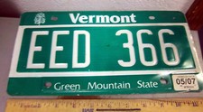 Vermont Metal License Plate 2007 tags, EED 366, Green Mountain State, NICE