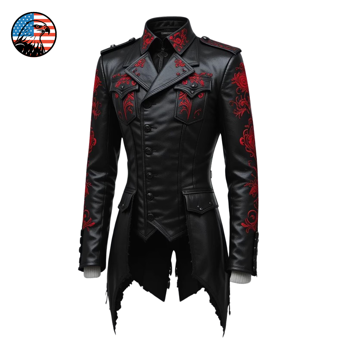 Gothic Dragon Leather Jacket Black Red Embroidery Steampunk
