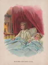 VICTORIAN GIRL WAITING FOR SANTA CLAUS CHRISTMAS LITHOGRAPH ART PRINT 1901