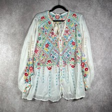 Johnny Was Arges Blouse XL White Floral Embroidered Tie Neck Button Up Boho NEW