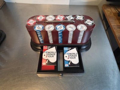 WPT Cards World Poker Tour 300 Ct Oval Poker Chip Set Cherry Wood