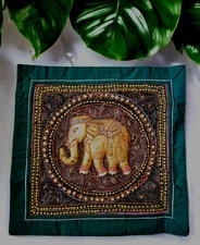 Vtg Beaded Burmese Sequin Tapestry Elephant Zipper Pillow Case ~ 16.5" Square