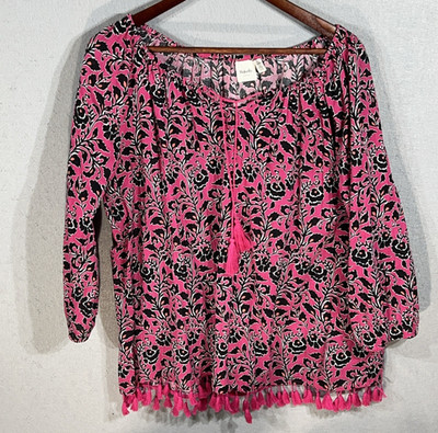 Rafaella Weekend Women's 3/4 Sleeve Lightweight Tassel Pink Black Top X-Large