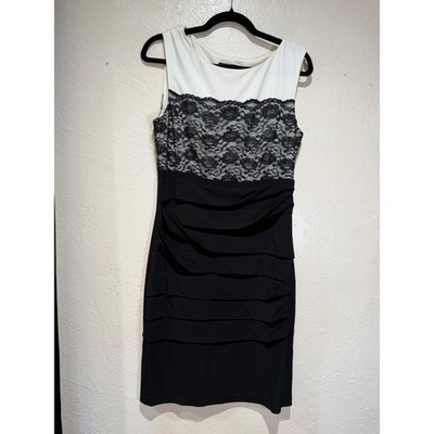 Connected Apparel Womens Size 10 Black White Lace Tiered Ruffle Sheath Dress