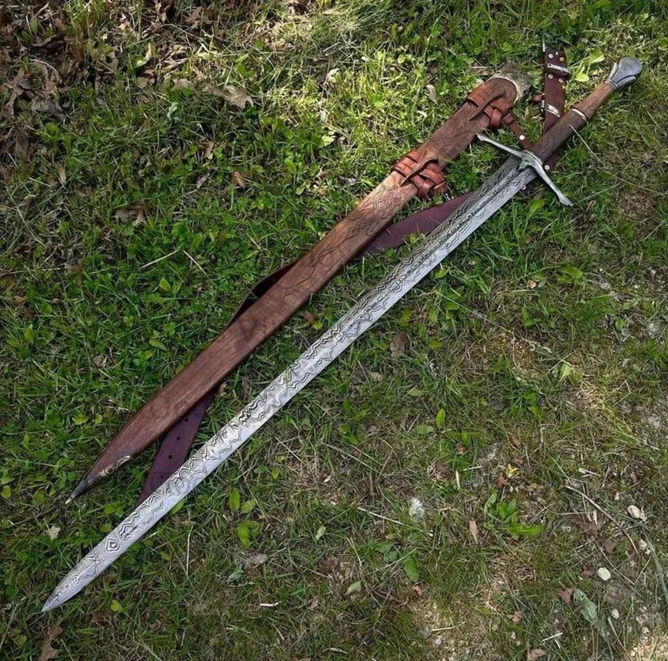 Custom Handmade Damascus Steel Viking Sword Battle Ready Medieval With Scabbard, - Image 3 of 3