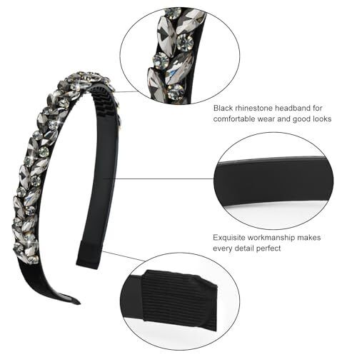 Rhinestone Headband Bling Sparkly Crystal Diamond Headband Fashion Black - Picture 3 of 6
