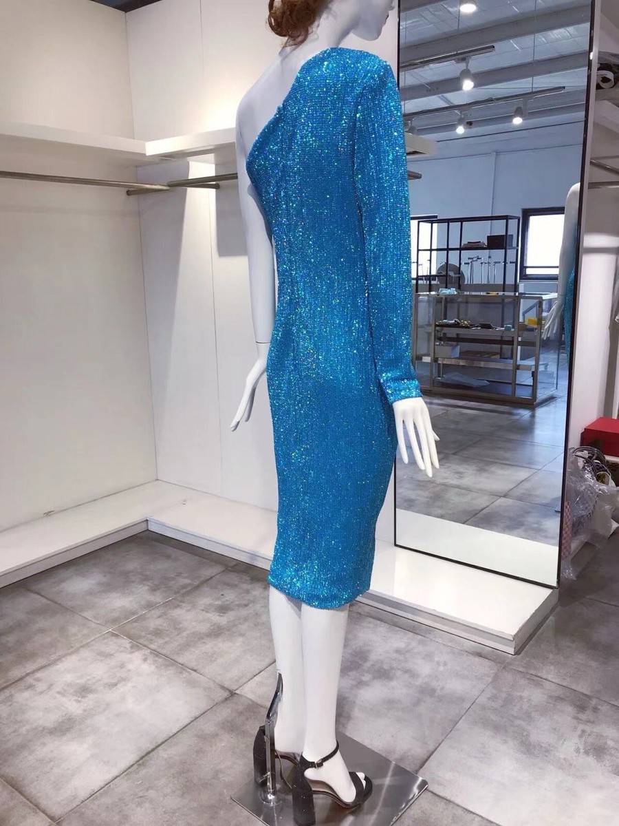 lavish alice blue sequin dress LAVISH ALICE Blue Sequined One Shoulder Dress 12 NWT