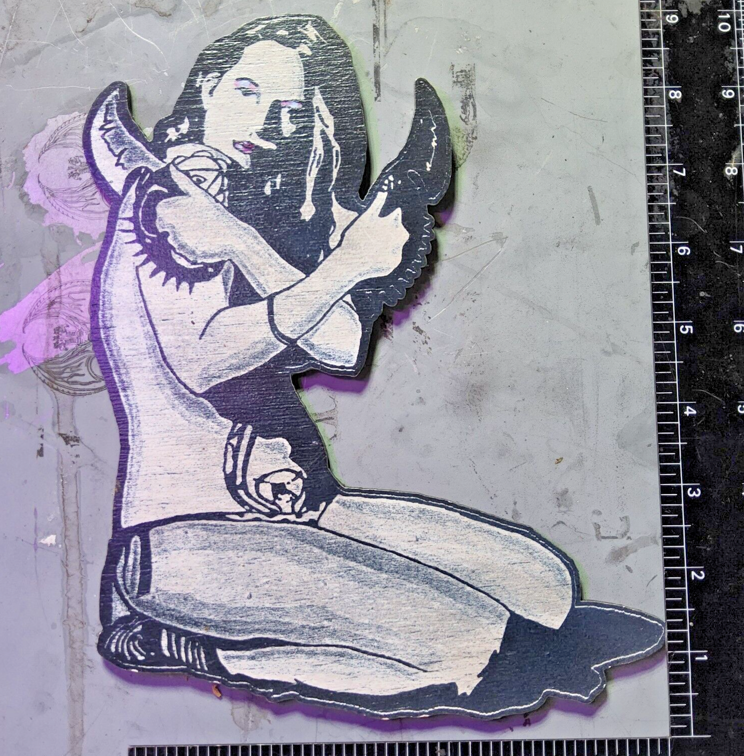 Laser engraved cut pinup girl knives wooden digital art print magnet 9x8 by me R