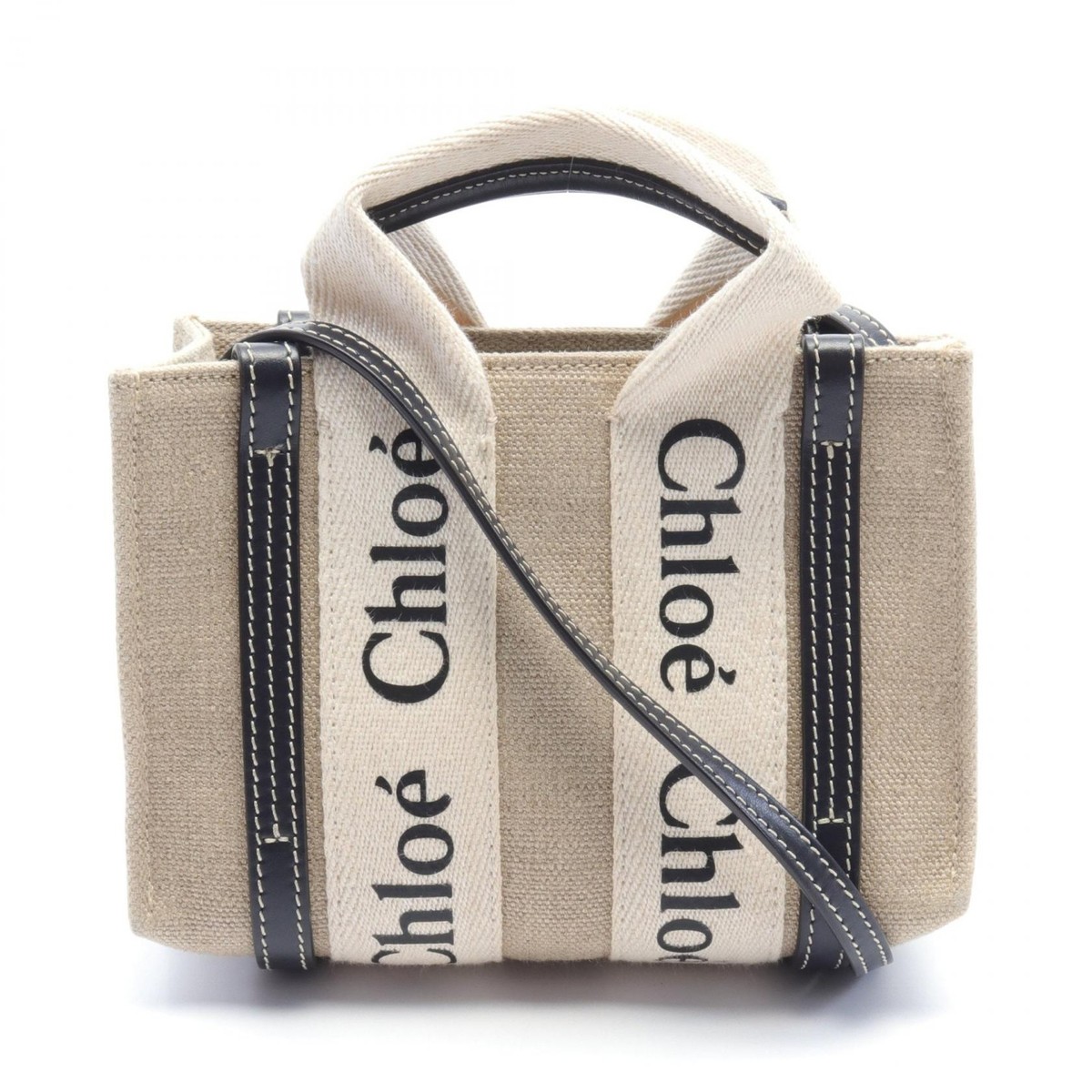 Chloe WOODY Mini 2way Tote Shoulder Bag canvas leather Beige Black 