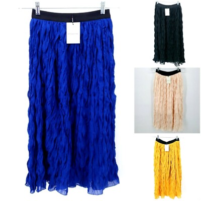 PEPALOVES Pleated Long Skirt Blue Yellow Black Ivory XS S M L