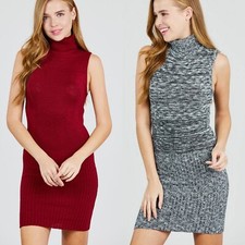 Women's Turtle Neck Sweater Sleeveless Short Fitted Dress Burgundy Red Gray