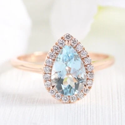 3 Ct Aquamarin & Laborgezüchteter Diamant Krappenring 14k Massives Roségold - Bild 1 von 4
