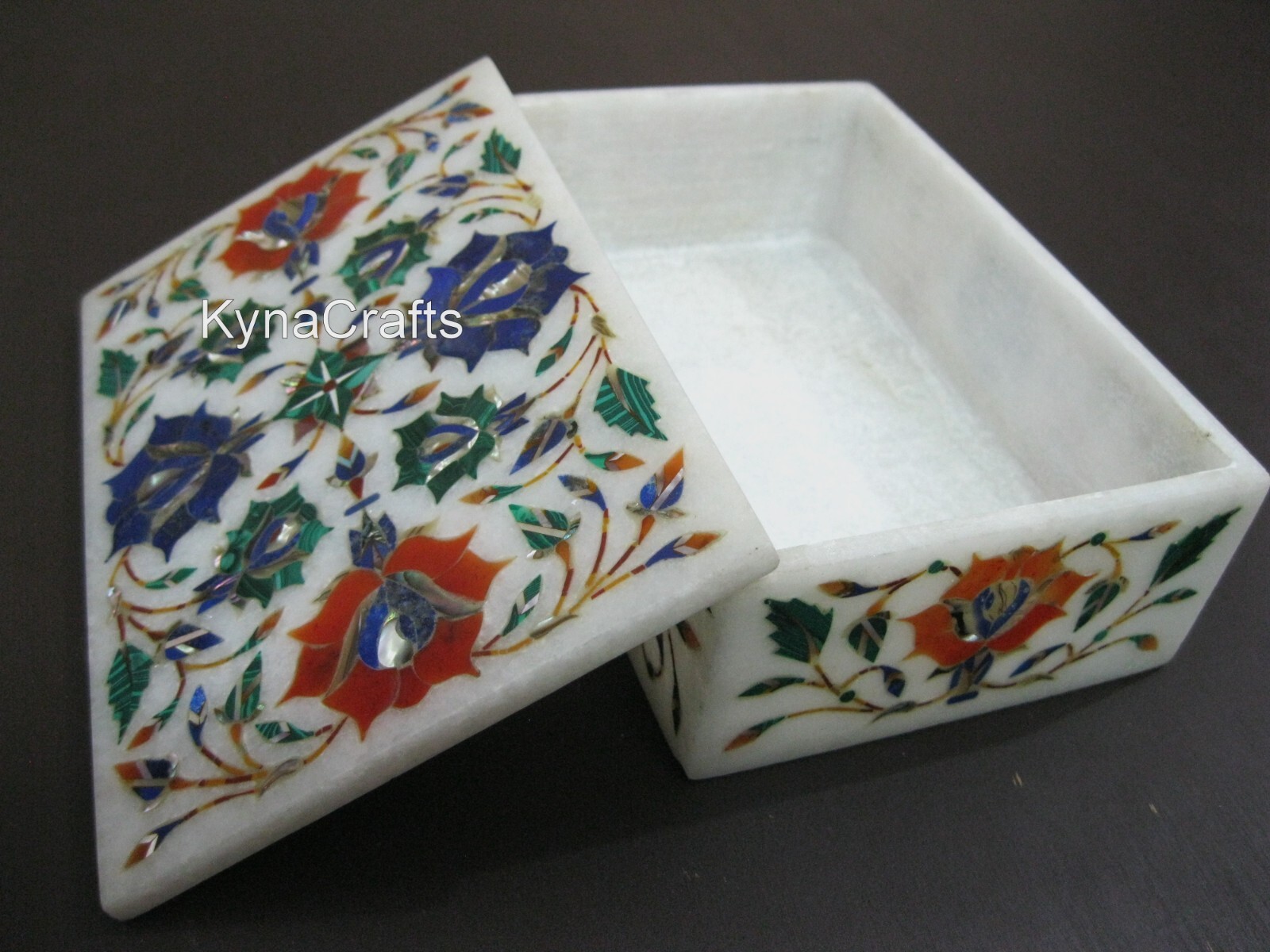 Multicolor Gemstone Inlaid Rectangle Marble Jewelry Box 6 x 4 Inches-image