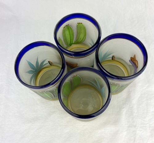 4 Mexican Blown Glass Hand Painted Tumbler Glasses Cobalt Blue Rim Cactus Siesta - Picture 10 of 10