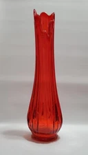 Vintage LE Smith Red Amberina Glass Swung Vase, Large Size 21" Tall, Ribbed