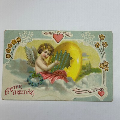 Antique Easter Germany Postcard Cherub Angel Egg Hearts Unposted Universal
