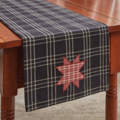 Farmhouse Star Appliqued Table Runner 36'' - Black Checked Plaid Red Star America