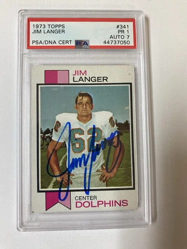 1973 Topps #341 Jim Langer Signed Rookie Card HOF 1972 Dolphins PSA 1 Auto 7