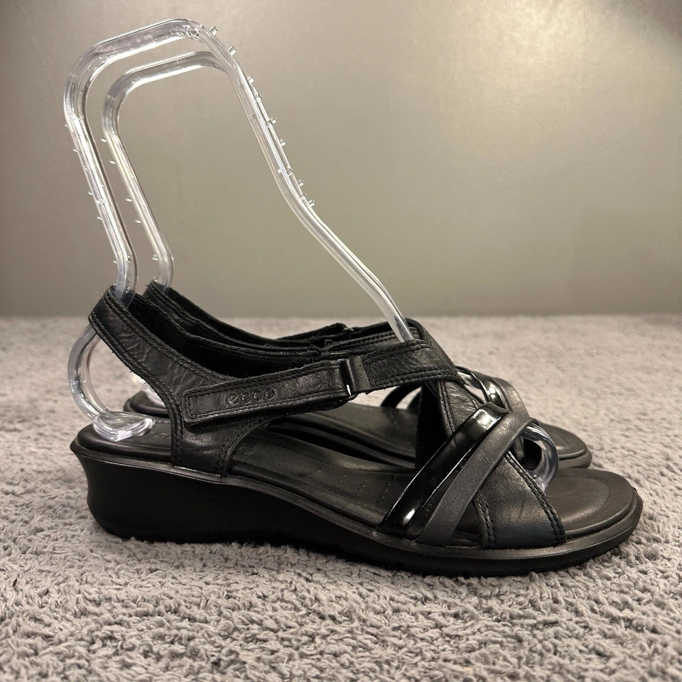 Ecco Felicia 凉鞋女式 39 黑色皮革绑带露背楔形最小 — 第 2/4 张图片