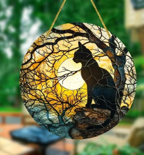 Black Cat at Sunset Suncatcher Stained Glass Effect Tree Window Decor Gift (A1)