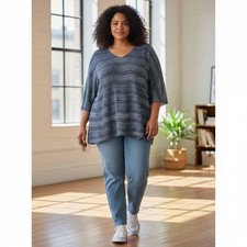 Ruby Rd Woman Blue Striped V Neck 3X Tunic Top