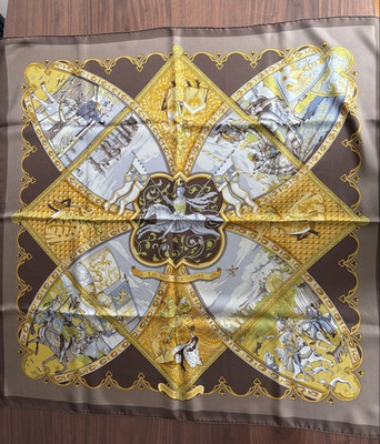 HERMES La Vie a Cheval Carre 90cm Silk Scarf Brown NM w/Box Auth