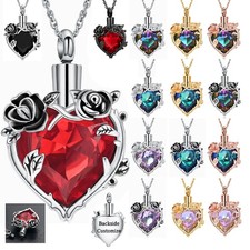 Rose Flowers Crystal Heart Urn Pendant Memory Necklace Cremation Ashes Jewelry
