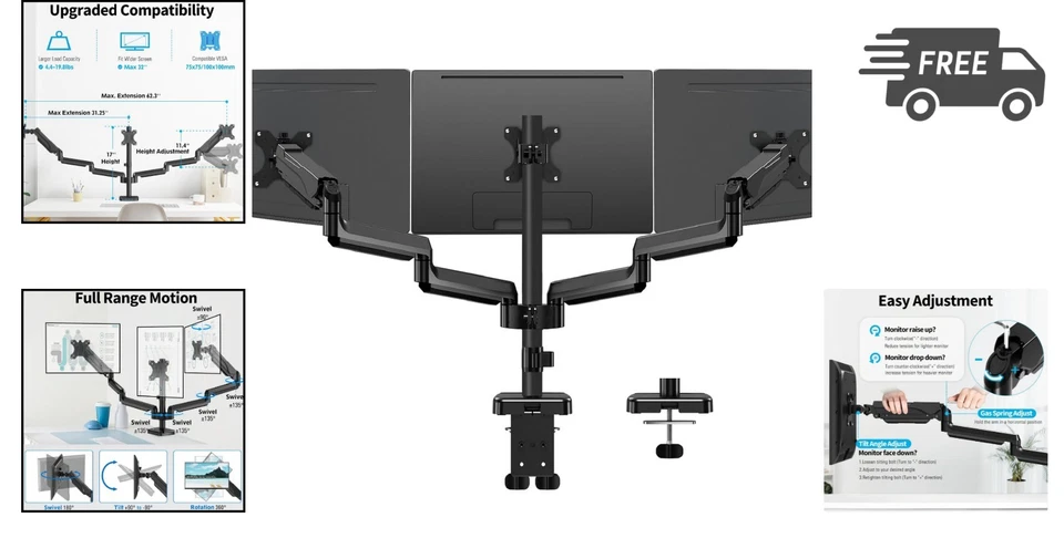 Triple Monitor Mount for 17-32 Inch Screens Full Motion Gas Spring Desk Stand - Image 2 of 4