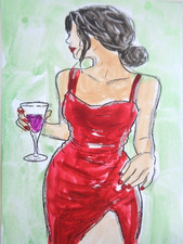 ATC ACEO  Women In Art  -  LITTLE RED DRESS  Painting  ART  ******* SALE!!