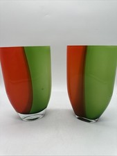 Pair Green  Orange Murano Italian Art Glass Vases 8.5  