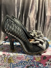 Irregular Choice Euro 40 Silver Snakeskin “Ascot” Stilettos With Bows & Box