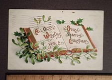 1910 All Good Wishes For A Very Happy Christmas Holly Book Antique Postcard Vtg