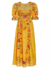 Farm Rio Flower Dream Floral Smocked Puff-Sleeve Maxi Dress Yellow M Medium