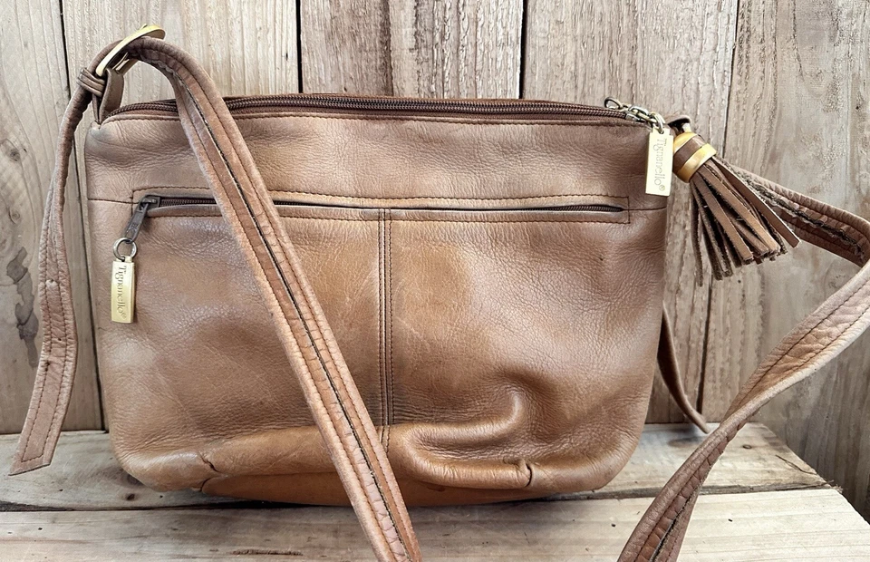 Tignanello Cuero Bolso de Hombro Cartera Bandolera Caramelo De Colección Foto 3 de 4