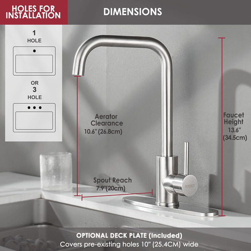 Square Kitchen Sink Faucet, Single Handle Swivel Bar Mixer with 3 Hole Deck Plat - Picture 2 of 12