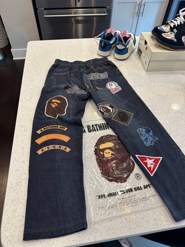 A BATHING APE BAPE KIDS BAPE EMBLEM DENIM PRINT SWEAT PANTS - Picture 2 of 9