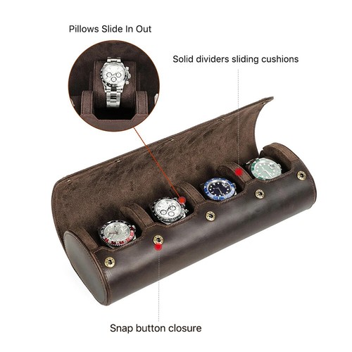 Luxury 4 Slots Watch Roll Travel Box Genuine Leather Watch Display Case Storage - Picture 9 of 12