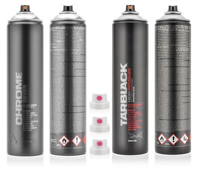 Montana Cans Silverchrome / Tarblack 600ml Sprühdosen Set nach Wahl + 3x Fat Cap