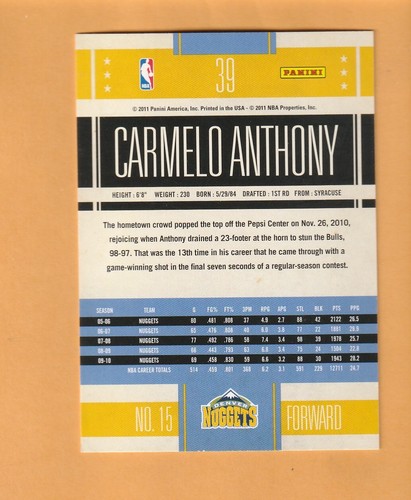 Carmelo Anthony Denver Nuggets 2010-11 Classics #39 Syracuse Orange 6G - Picture 2 of 2