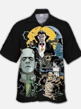 Horror Movie Vampire Frankenstein Monster Printed Hawaiian Buttoned Lapel Shirt