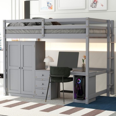 Twin/Full Size Loft Bed with Wardrobe , Desk and Storage Drawers US