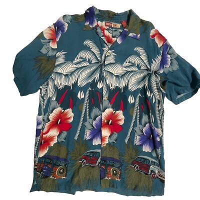 Thumbs Up Hawaiian Aloha Shirt Mens Large Vintage Cars Floral Soft Rayon
