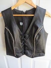 Kelly's Leather Works Black Leather Biker Vest W Studs, Lace Up Front, Back Zip