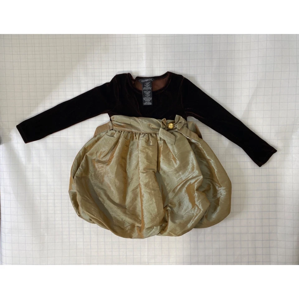 Vestido para niña talla 5 George marrón terciopelo y dorado manga larga cuello barco Foto 2 de 4